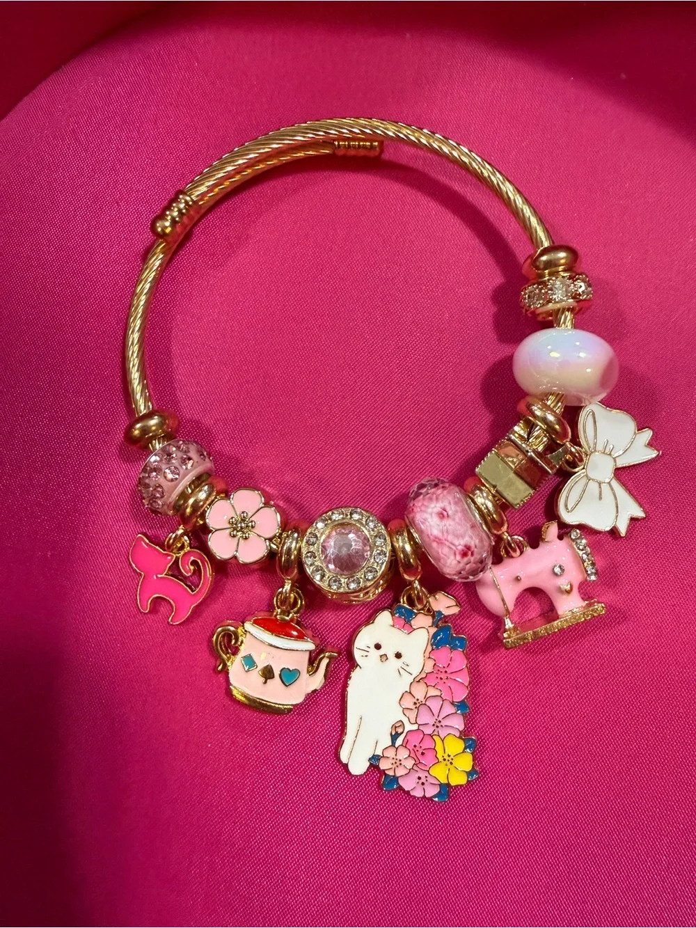 Pink and Gold Floral Cat Charm Bracelet for Kids